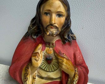 Vintage 7.5" Tall Plaster Sacred Heart of Jesus Sculpture Wall Hanging