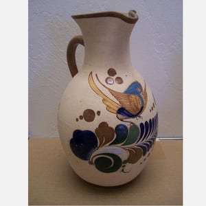 11&quot; Tall Nice 1970s Tonala Stoneware Pitcher with Blue Bird and Flowers - Mexico