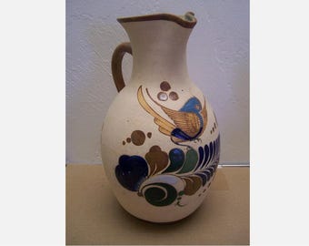 11" Tall Nice 1970s Tonala Stoneware Pitcher with Blue Bird and Flowers - Mexico