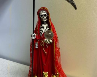 La Santa Muerte 12.5" Resin Altarpiece Statue - Red Lace Cloak - Santisima Muerte, Holy Death