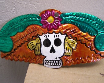 Painted Tin Day of the Dead Female Skeleton Head Catrina Ornament - Mexico