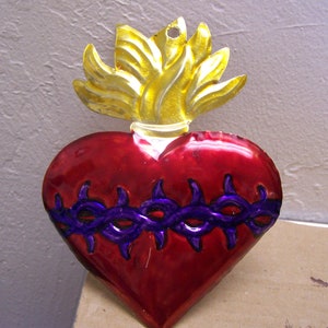 Painted Tin Sacred Heart Milagro Ex Voto - Flmed Heart with Thorns, Type II - Mexico