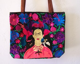 Frida! Large Embroidered Leather Shoulder Bag Purse, Lined Interior, 2 Zipper Pouches, Frida Kahlo - Black #2