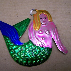 Mermaid Lot of 6 Tin Painted Mermaid Ornaments - Mexico