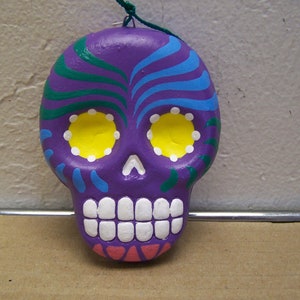 Day of the Dead Clay Painted Flat Skull Ornament - Purple