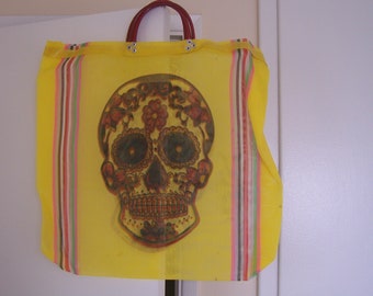 Day of the Dead Sugar Skull Mexican Plastic Mesh Shopping Bag - RANDOM COLORS - Made in Mexico