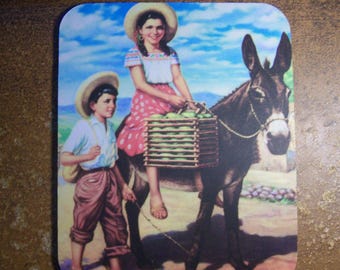 Mousepad - Mexican Calendar Art, Boy and Girl with Donkey