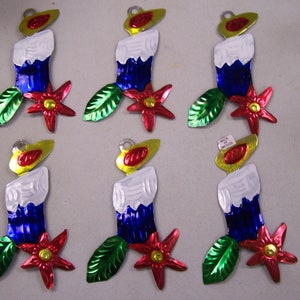 Lot of 6 Tin Painted Ornaments - Christmas Candle with Poinsettia - Mexico