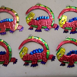Lot of 6 Tin Painted Ornaments - Red Lizard - Mexico