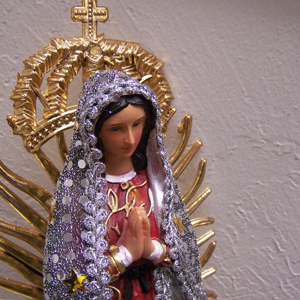 Virgin of Guadalupe 13" Resin Altarpiece Statue - Silvery Cloth Cloak