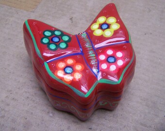 Cute! Clay Hand Painted Butterfly-Shaped Jewelry Box, Stash Box - Red #2 - Mexico