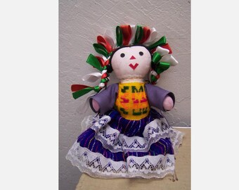 Mexican Folk Doll with Red-Green-White Hair Ribbons - Mexico