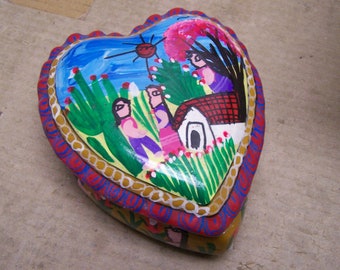 Larger Heart Box - Clay Hand Painted Jewelry Box Alejero, Village Scene - Mexico