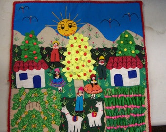 Handmade Peruvian Quilt - Arpillera - Village Scene with Sunrise - Peru