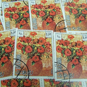 Large Flower Stamps - Lot of 100 Colorful Red Bouquet Mayer Painting Used Stamps as Pictured - Ras al Khaima