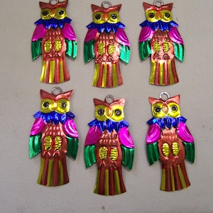 Lot of 6 Tin Painted Ornaments - Owl - Mexico