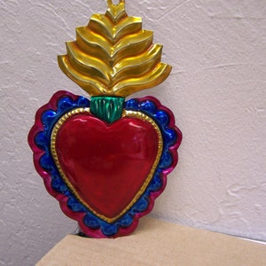Large Painted Tin Sacred Heart with Yellow Flames Milagro Ex Voto - Mexico