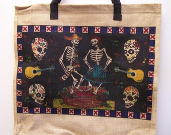 Day of the Dead Dancing Skeletons Sturdy Jute Shopping Bag 18.5&quot; x 18&quot; x 5&quot;