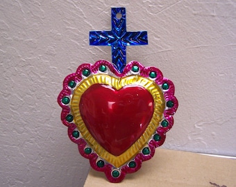 Large Painted Tin Sacred Heart with Cross Milagro Ex Voto - Mexico