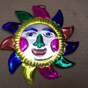 Lot of 6 Tin Painted Happy Sun Ornaments - Mexico