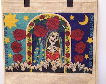 Jour de la Vierge Squelette Morte de Guadalupe Sac à Provisions en Jute Robuste 18.5 » x 18 » x 5 »