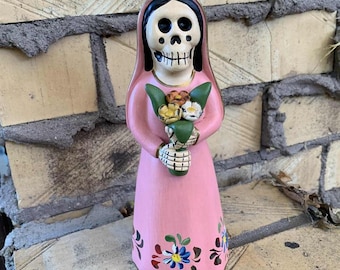 Day of the Dead Clay Skeleton Bride in Pink Dress