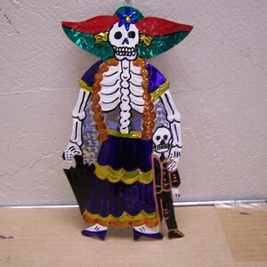 Grande Tôle Peinte Jour de la Mort Mère et Enfant Catrina - Mexique