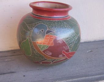 5.5" Tall Ceramic Pot with Etched Bird and Flower Designs - Nicaragua