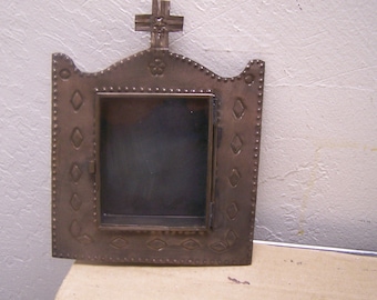 Medium Mexican Tin and Glass Nicho with Hinged Door - Church with Cross - Mexico