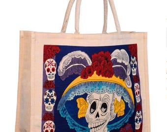 Catrina Skeleton Lady Day of the Dead Jute Shopping Bag with Rope Handle 18" x 18" x 4"