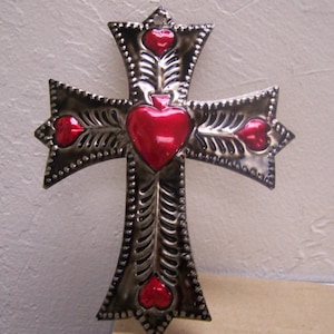 Fancy Tin Cross with 5 Painted Hearts