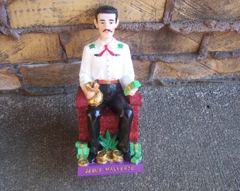 Seated Jesus Malverde w. Money, Mexican Folk Saint 10" Tall - Mexico Narco Saint