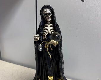 La Santa Muerte 12.5" Resin Altarpiece Statue - Black Lace Cloak - Santisima Muerte, Holy Death