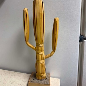 May include: A decorative cactus sculpture made of woven straw. The cactus has a light brown color and is mounted on a small, rectangular wooden base. The sculpture features three arms and is a unique home decor item.