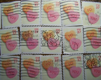 Valentine Love Stamps - Lot of 100 Candy Hearts Used Love Stamps as Pictured
