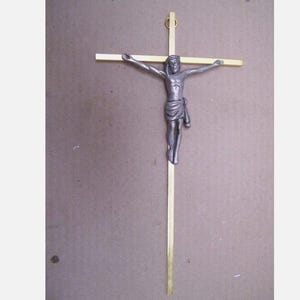 Vintage 9.75&quot; Long Brass Cross with Pewter Jesus - Mexico