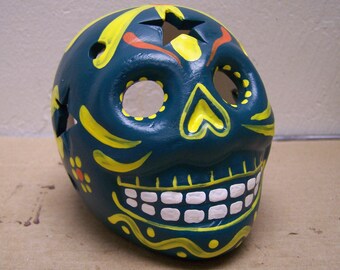 Day of the Dead Clay Altar Skull Luminaria - Dark Pine Green