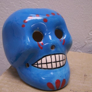 Day of the Dead Ceramic Skull Candleholder - Blue - Ofrenda Piece