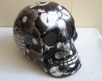 XL Clay Glazed Day of the Dead Clay Skull - Black with Floral Designs - Mexico