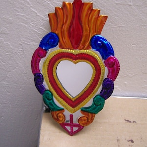 Tin Painted Sacred Heart Mirror - Colorful Scrolls - Mexico