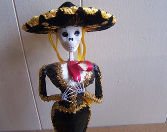 Beautiful! 12.5" Day of the Dead Papier Mache Fancy Skeleton Mariachi Lady/Charra - Mexico