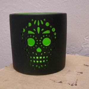 Day of the Dead Ceramic Luminaria, Green #2 - Sugar Skull Design
