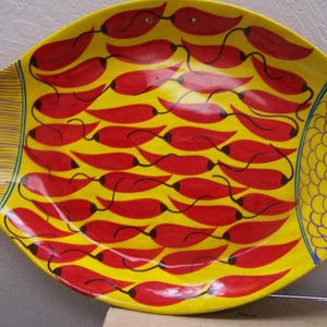 14" Long Fish Plate with Painted Red Chile Peppers - Toluca, Mexico