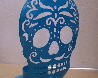 Day of the Dead Sugar Skull Metal Tabletop Candle Holder - Turquoise