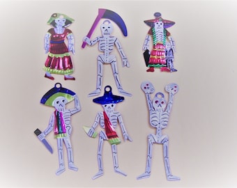 Lot of 6 Different Tin Painted Day of the Dead Skeleton Ornaments - Mexico