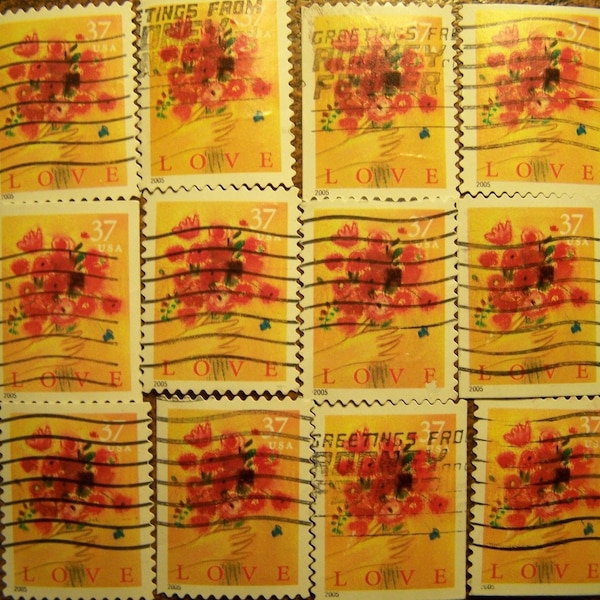 Valentine Love Stamps - Lot of 100 Red Rose Bouquet Used Love Stamps as Pictured