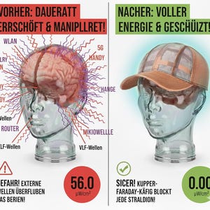 May include: An image comparing a brain exposed to electromagnetic waves to a brain protected by a copper Faraday cage. The first image shows a brain with red waves and the text "VORHER: DAUERATT ERSCH&Ouml;FT & MANIPLLRET!". The second image shows a brain with a cap and the text "NACHER: VOLLER ENERGIE & GESCH&Uuml;TZT!".