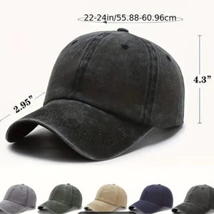 May include: A black, distressed baseball cap with a curved brim. The cap measures 2.95 inches in brim length, 4.3 inches in height, and fits head sizes 22-24 inches. Several other cap colors are shown below the main cap.