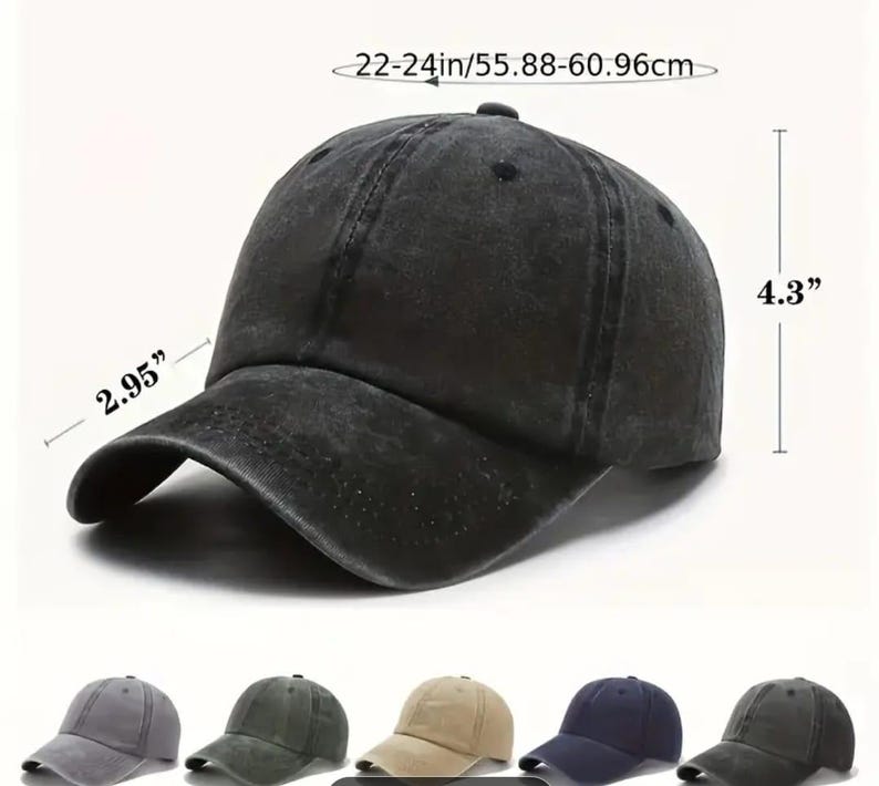 May include: A black, distressed baseball cap with a curved brim. The cap measures 2.95 inches in brim length, 4.3 inches in height, and fits head sizes 22-24 inches. Several other cap colors are shown below the main cap.