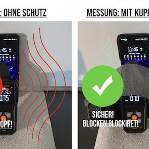 May include: Image comparing radiation levels with and without a protective cap. The left side shows a red warning symbol and text: "DANGER! HIGH RADIATION ON THE HEAD!" The right side shows a green checkmark and text: "SAFE! BLOCK BLOCKED!"